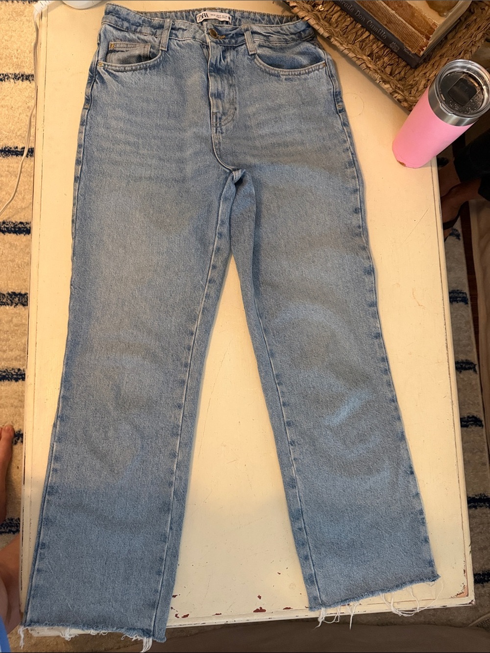 Zara Straight Leg Jeans Women 6 Light Blue Excellent Raw Hem High Rise Denim